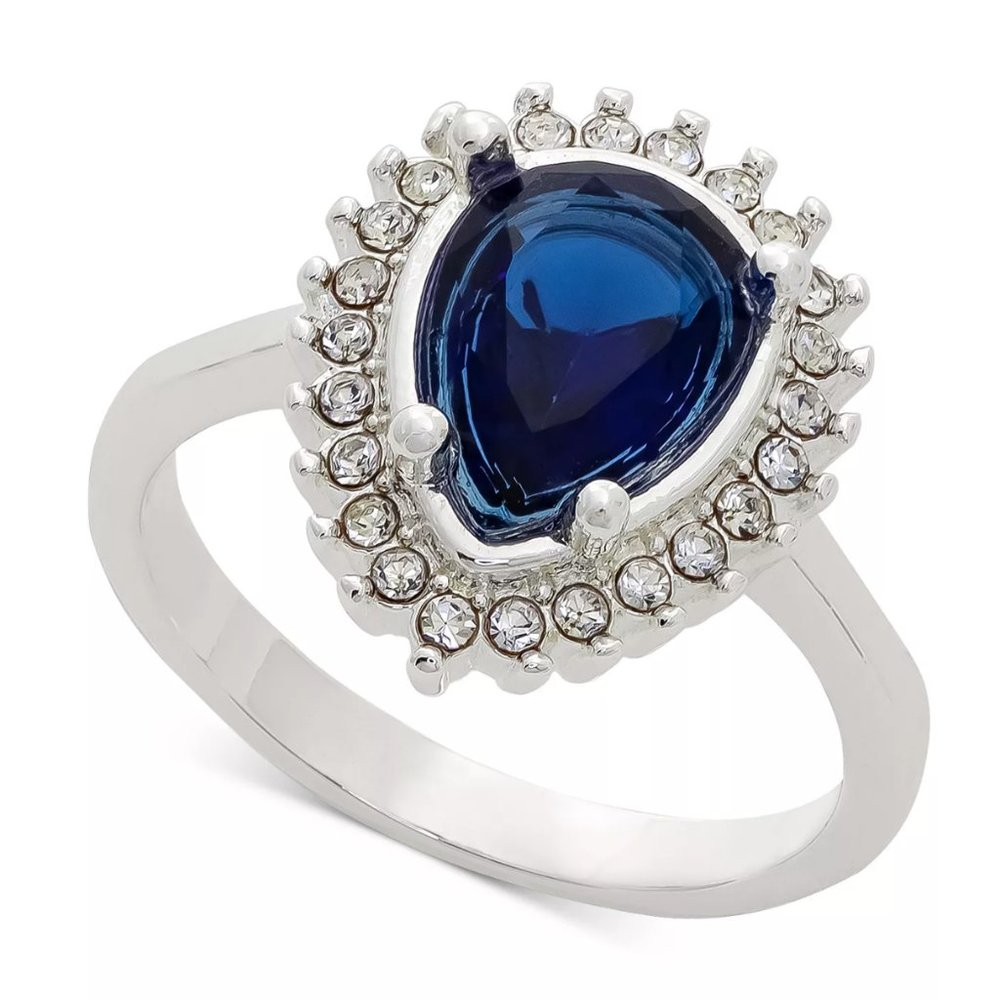 Charter Club Silver-Tone Pave & Blue Pear-Shape Crystal Halo Ring
